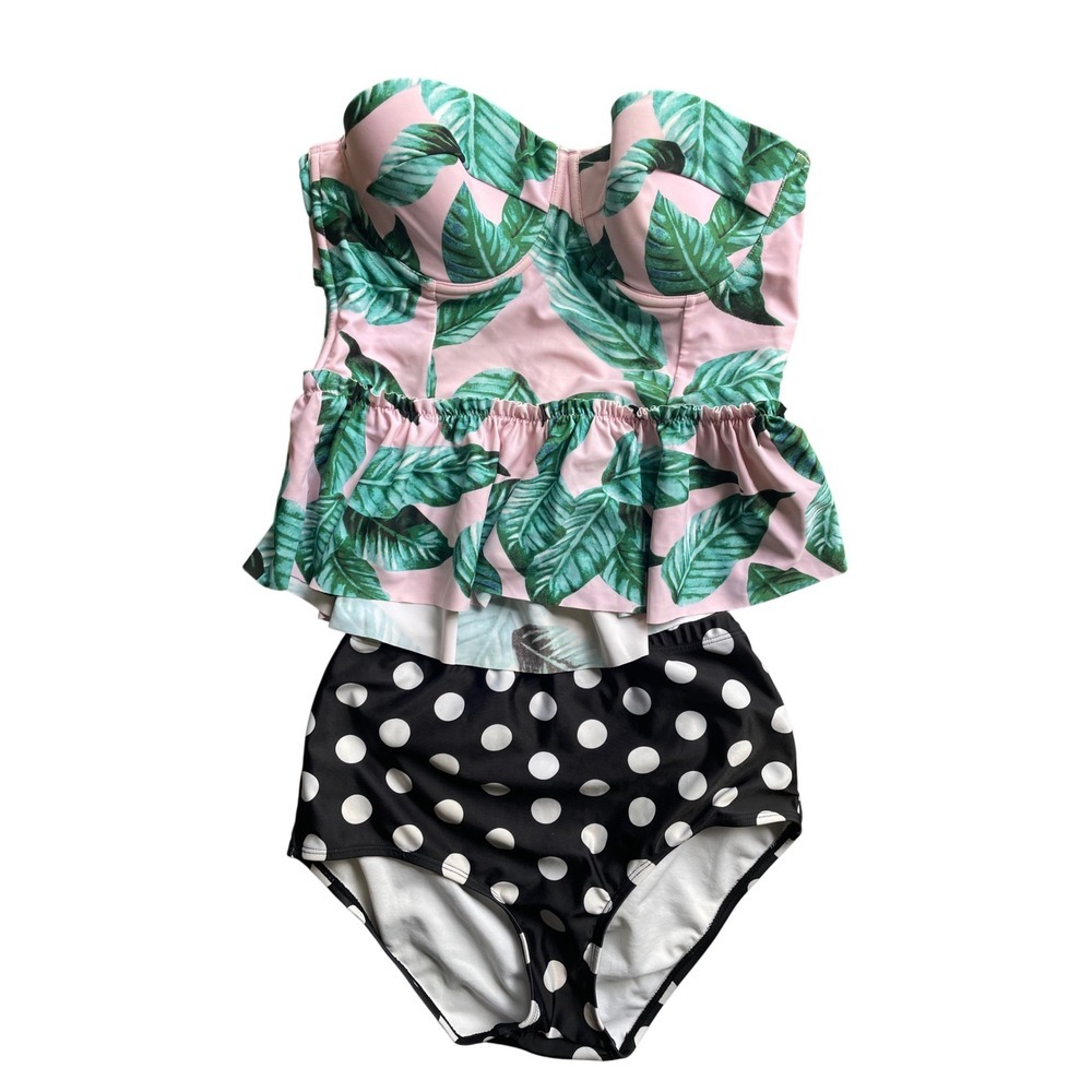 Coco Ship Ruffle Flounce Bikini Swimsuit Tropical Polka Dot‎ High Waist XL
